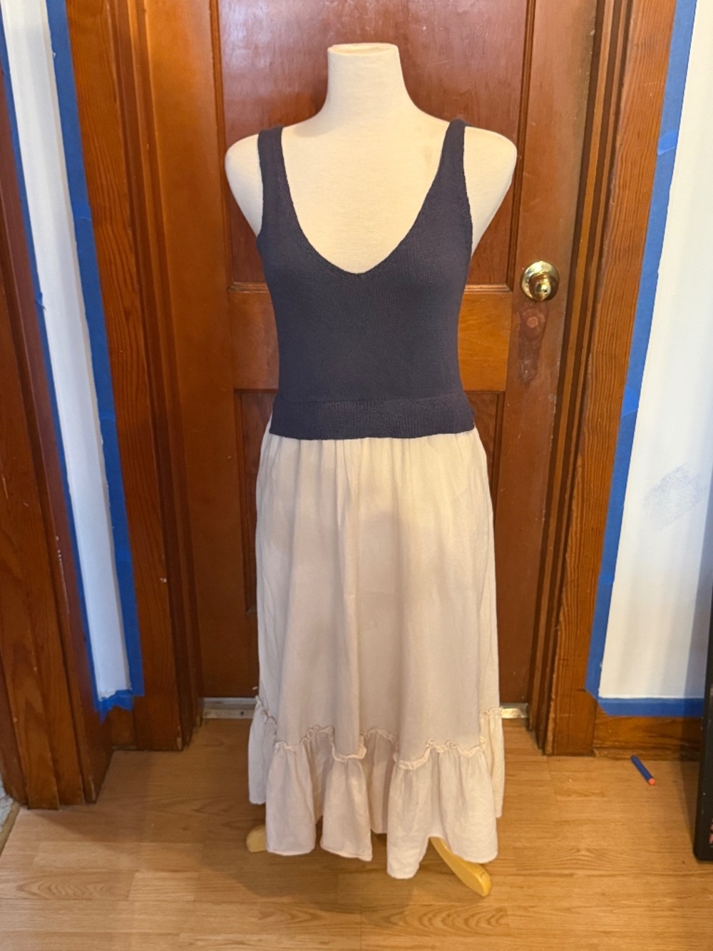 Blue and White Summer Dress - Knit top/Ruffled button